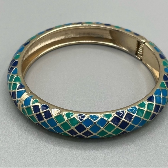 4 for $20 SALE! Sequin Enameled Goldtone Harlequin Hinged Bangle, Blues/Greens - Picture 1 of 6